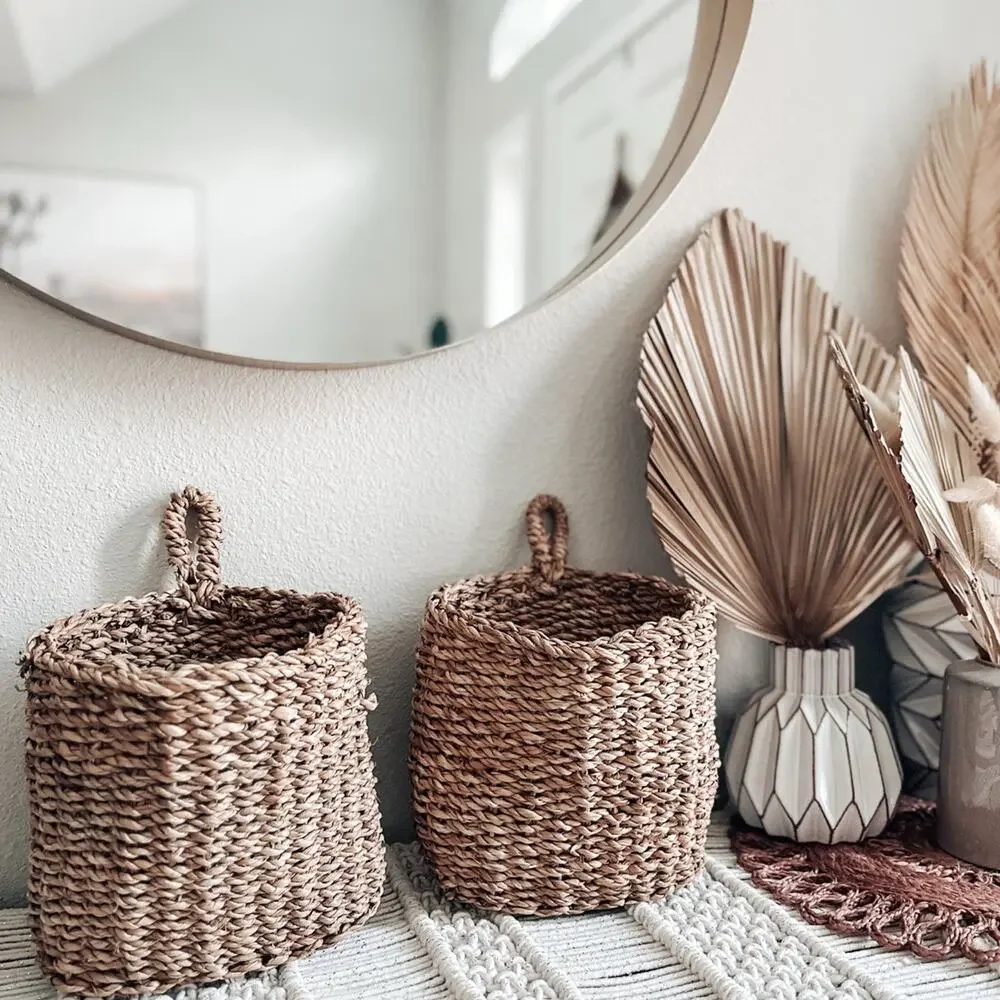 2 Magnolia Farmhouse Hanging jute woven seagrass boho wall baskets Joanna Gaines